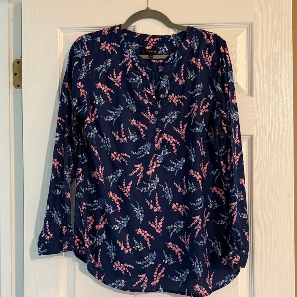 Talbots Navy and Pink Floral Blouse